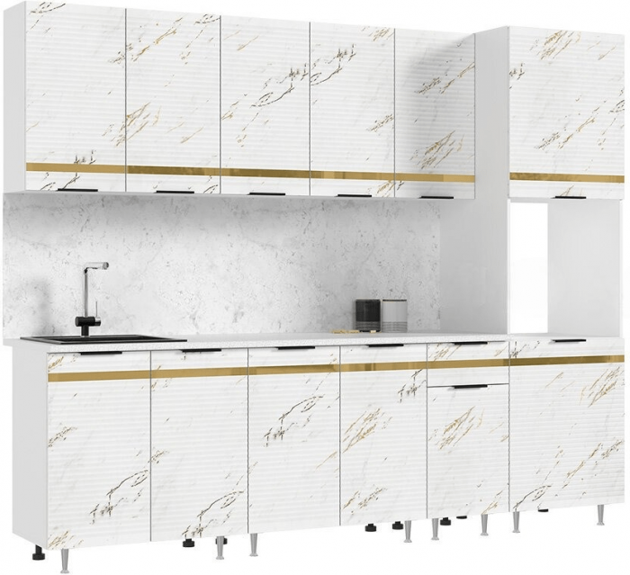 Кухня МДФ Милена 2600 (Белый, Мрамор золото, Антарес)