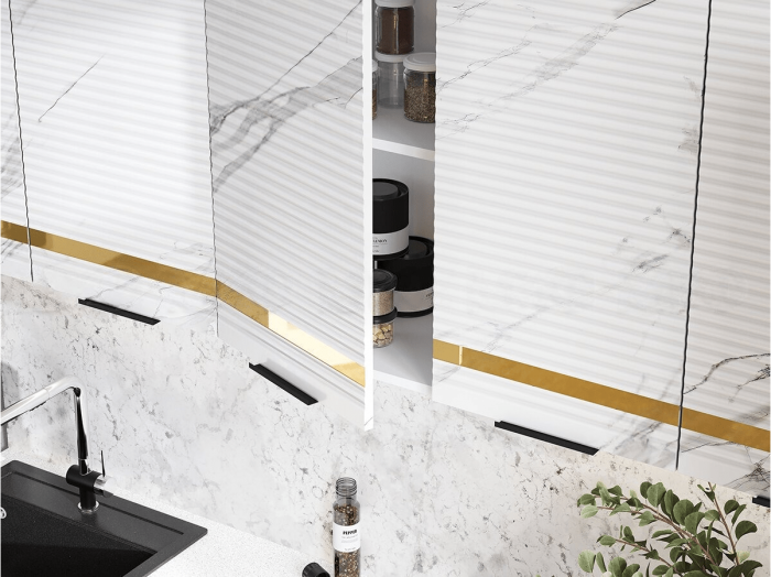 Кухня МДФ Милена 2600 (Белый, Мрамор золото, Антарес)