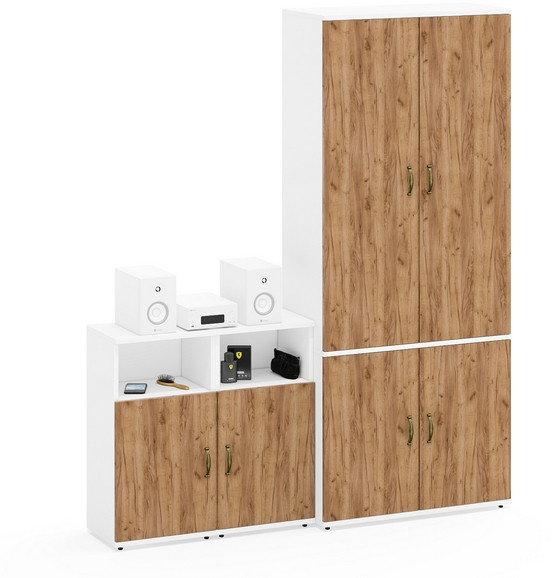 Лидер-8 Шкаф МД 20Б + Тумба МД 3.19 + Тумба МД 3.19, цвет белый шагрень/крафт золото, ШхГхВ 160х37,5х190 см., НЕ универсальная сборка