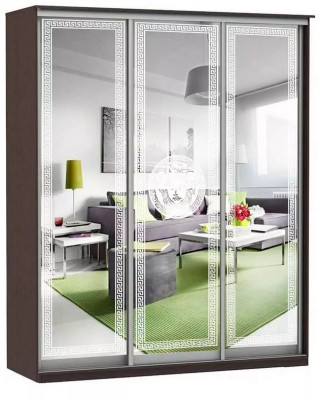 Шкаф купе Модерн 2076х600 3-х дверный 3-х секционный зеркальный с пескоструем №1 венге