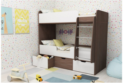 Кровать двухъярусная Малыш Двойняшка (Белое дерево/Ясень Анкор Темный)