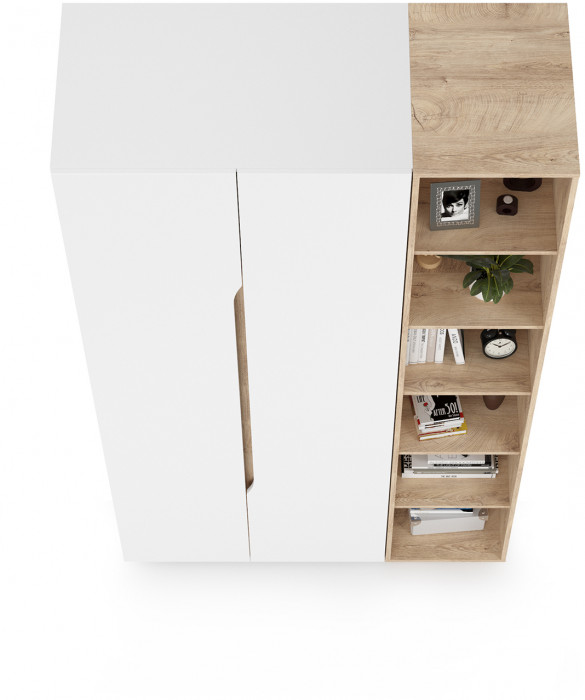 Муссон 13.198 Шкаф двухстворчатый + 13.349 Стеллаж, цвет белый/дуб эндгрейн элегантный, ШхГхВ 127,6х52,3х229,8 см., НЕ универсальная сборка