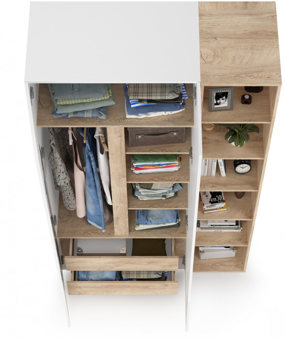 Муссон 13.198 Шкаф двухстворчатый + 13.349 Стеллаж, цвет белый/дуб эндгрейн элегантный, ШхГхВ 127,6х52,3х229,8 см., НЕ универсальная сборка