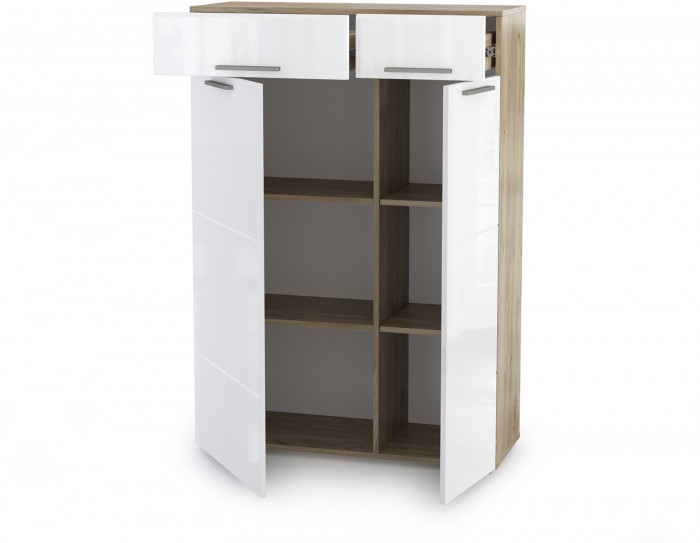 Лайн 13.121 Комод, цвет дуб крафт серый/фасады МДФ белый глянец, ШхГхВ 90х35х129,2 см., универсальная сборка