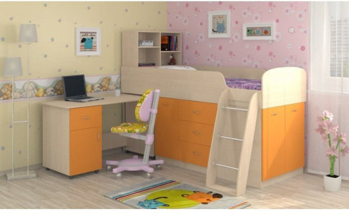 Детская кровать-чердак Дюймовочка-1, Дуб молочный / Оранжевый