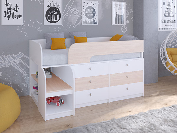 Кровать чердак Астра 9 V3 Белый/Дуб молочный