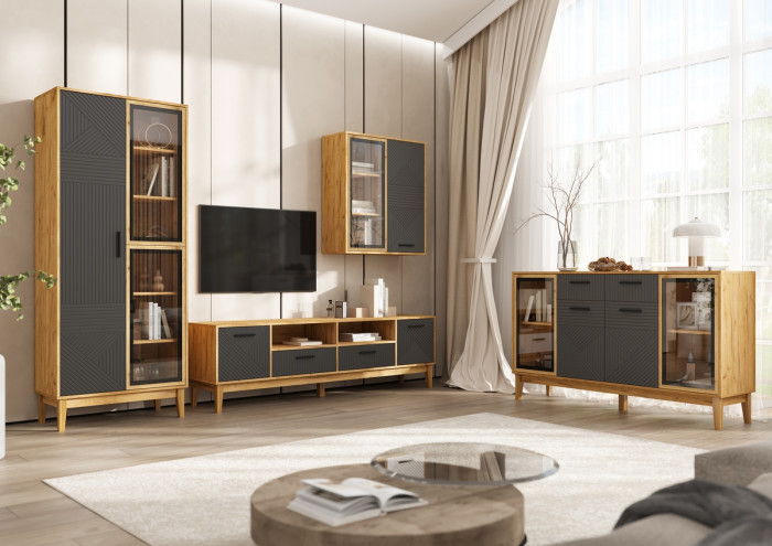 Шкаф-витрина "Флэш" (рамка AGT), Крафт золотой/Браш графит