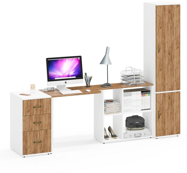 Лидер-8 Стол + Тумба МД 3.16 + Пенал МД 21Б, цвет белый шагрень/крафт золото, ШхГхВ 245х50/37,5х75/190 или 155х120/50х75/190 см., НЕ ун. сборка