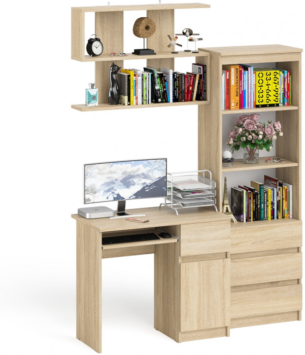 Мори Стол компьютерный МС-1 правый + Стеллаж МСТ600.3 + Полка 900, цвет дуб сонома, ШхГхВ 150,4х50х209,6 см., НЕ универсальная сборка
