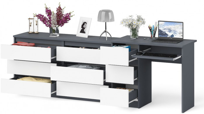 Мори Стол компьютерный МС-6 левый + Комод МК1380.6, цвет графит/белый, ШхГхВ 228х50х76,6 см., выдвижные ящики слева, НЕ универсальная сборка