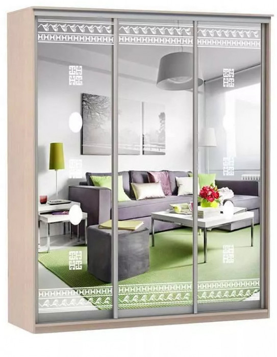 Шкаф купе Модерн 2076х600 3-х дверный 3-х секционный зеркальный с пескоструем №2 ясень