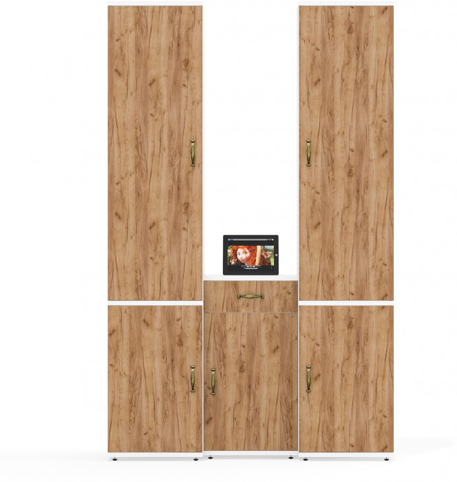 Лидер-8 Пенал МД 21Б + Пенал МД 21Б + Тумба МД 3.15, цвет белый шагрень/крафт золото, ШхГхВ 120х37,5х190 см., универсальная сборка