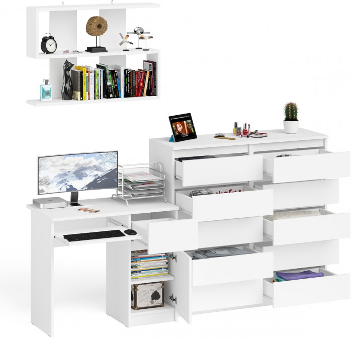 Мори Стол компьютерный МС-1 правый + Комод МК1200.10 + Полка 900, цвет белый, ШхГхВ 210,4х50х209,6 см., НЕ универсальная сборка