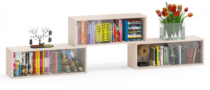 Три полки книжных С-МД-КН01, цвет ясень шимо светлый, размер каждой полки в отдельности: ШхГхВ 83х25х30 см., стеклянные дверцы