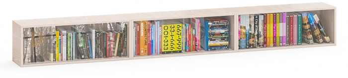 Три полки книжных С-МД-КН01, цвет ясень шимо светлый, размер каждой полки в отдельности: ШхГхВ 83х25х30 см., стеклянные дверцы