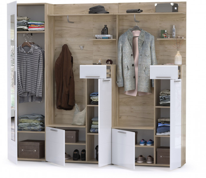 Лайн Прихожая № 03, цвет дуб крафт серый/фасады МДФ белый глянец, ШхГхВ 234,6х35,1х210 см., НЕ универсальная сборка