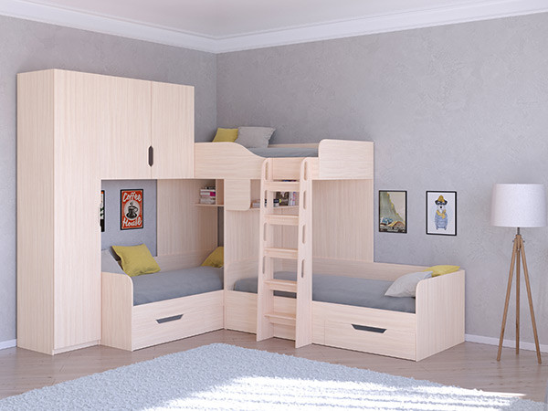 Трехместная кровать ТРИО/1 Дуб молочный/Дуб Молочный