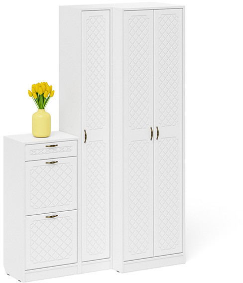 Прихожая П-6 Компоновка № 28, цвет белая шагрень/фасады МДФ белое дерево фрезеровка ромб, ШхГхВ 140х50х210 см., универсальная сборка