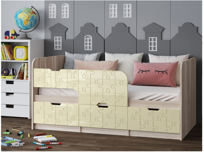 Детская кровать Юниор-9, 80х180 (Ваниль матовая, Ясень шимо светлый)