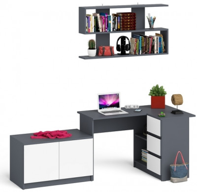 Мори Стол компьютерный МС-16 правый + Тумба МА900.1 + Полка 1200, цвет графит/белый, ШхГхВ 214,8х84,9х209,6 см., НЕ универсальная сборка