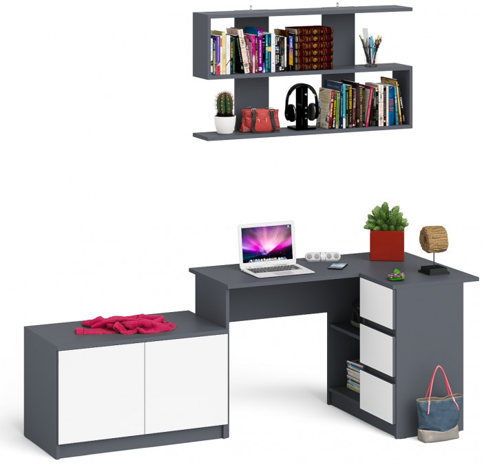 Мори Стол компьютерный МС-16 правый + Тумба МА900.1 + Полка 1200, цвет графит/белый, ШхГхВ 214,8х84,9х209,6 см., НЕ универсальная сборка