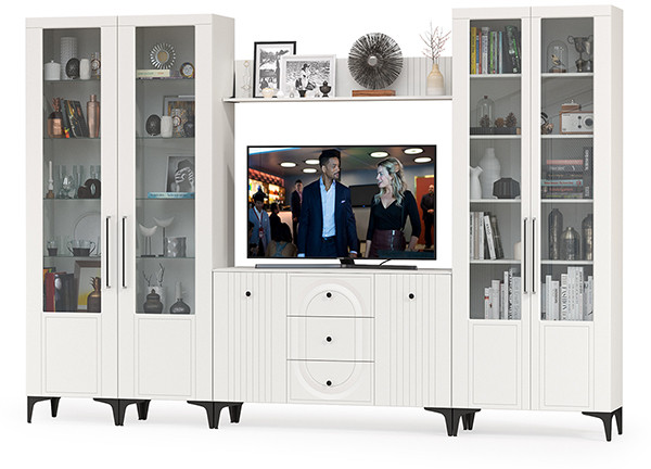 Валенсия Гостиная № 104, цвет ЛДСП белый шагрень/МДФ белый шагрень, ШхГхВ 327,3х38,4х225,2 см., ниша для ТВ 133х38х100 см., универсальная сборка