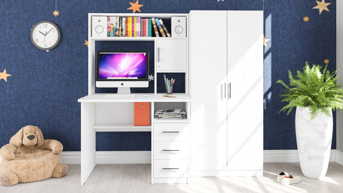 Стол компьютерный С-МД-СК9+Шкаф С-МД-СК9Ш, цвет белый шагрень, ШхГхВ 172х70х160 см., НЕ универсальная сборка