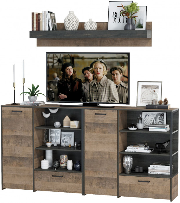 Трувор Гостиная 001, цвет дуб гранж песочный/интра, ШхГхВ 218х36,9х195 см., универсальная сборка