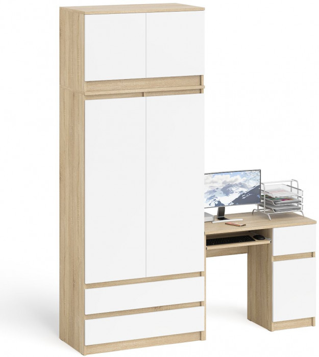 Мори Стол компьютерный МС-1 левый + Шкаф МШ900.1 + Антресоль МА900.1, цвет дуб сонома/белый, ШхГхВ 180,4х50,4х234,2 см., выдвиж. ящ. слева, НЕ ун. сб.