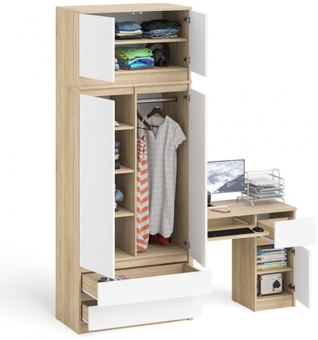 Мори Стол компьютерный МС-1 левый + Шкаф МШ900.1 + Антресоль МА900.1, цвет дуб сонома/белый, ШхГхВ 180,4х50,4х234,2 см., выдвиж. ящ. слева, НЕ ун. сб.