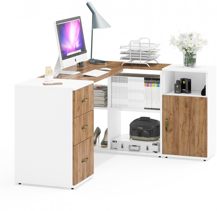 Лидер-8 Стол + Тумба МД 3.16 + Тумба МД 3.19, цвет белый шагрень/крафт золото, ШхГхВ 245х50/30х75 см. или 115х50/160х75 см., НЕ универсальная сборка