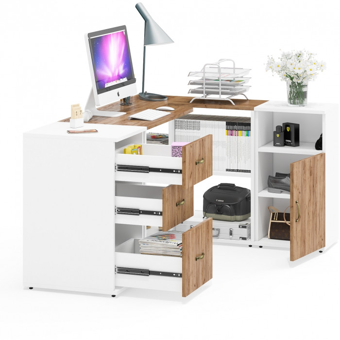 Лидер-8 Стол + Тумба МД 3.16 + Тумба МД 3.19, цвет белый шагрень/крафт золото, ШхГхВ 245х50/30х75 см. или 115х50/160х75 см., НЕ универсальная сборка