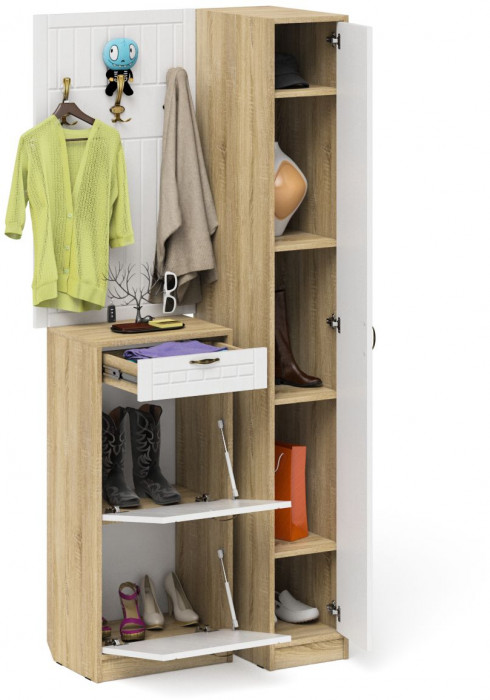 Прихожая П-6 Компоновка № 44, цвет дуб сонома/фасады МДФ белое дерево фрезеровка прованс, ШхГхВ 90х50х210 см., универсальная сборка