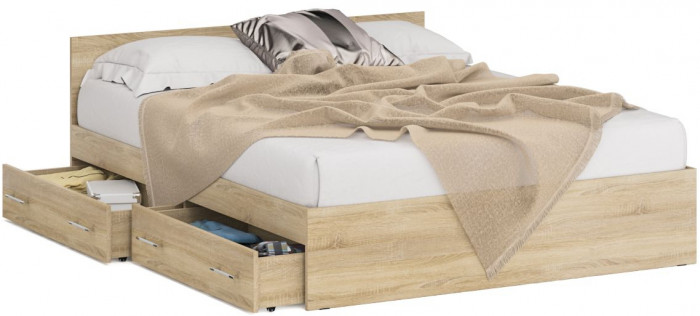 Стандарт Кровать с ящиками 1600, цвет дуб сонома, ШхГхВ 163,5х203,5х70 см., сп.м. 1600х2000 мм., без матраса, основание есть