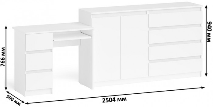 Мори Стол компьютерный МС-6 левый + Комод МК1600.1, цвет белый, ШхГхВ 250,4х50х94 см., выдвижные ящики слева, НЕ универсальная сборка