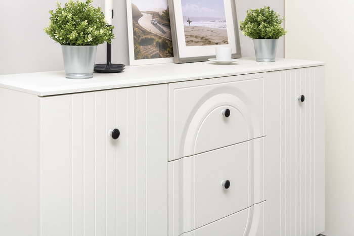 Валенсия Гостиная № 107, цвет ЛДСП белый шагрень/МДФ белый шагрень, ШхГхВ 327,3х38,4х225,2 см., ниша для ТВ 133х38х90 см., универсальная сборка