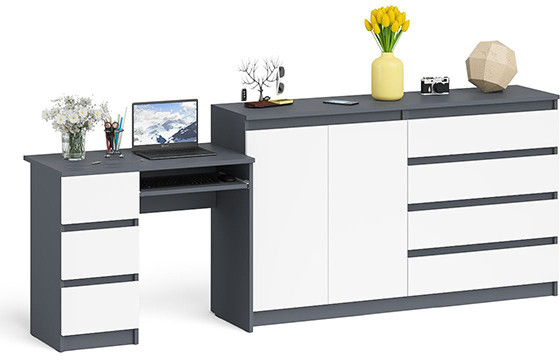 Мори Стол компьютерный МС-6 левый + Комод МК1600.1, цвет графит/белый, ШхГхВ 250,4х50х94 см., выдвижные ящики слева, НЕ универсальная сборка