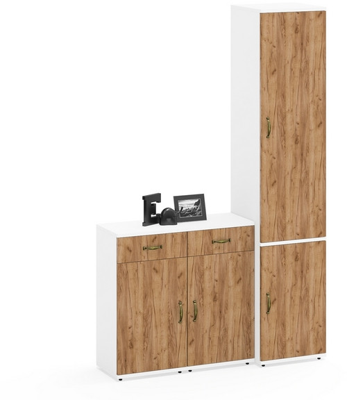 Лидер-8 Пенал МД 21Б + Тумба МД 3.15 + Тумба МД 3.15, цвет белый шагрень/крафт золото, ШхГхВ 120х37,5х190 см., универсальная сборка