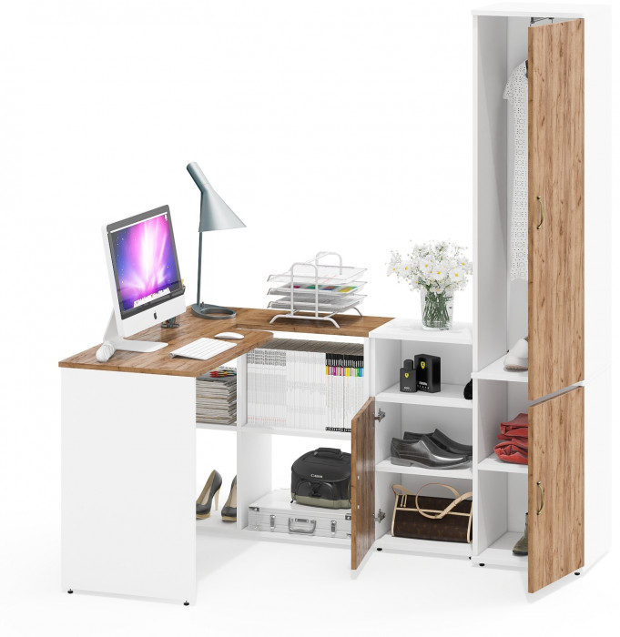 Лидер-8 Стол + Тумба МД 3.19 + Пенал МД 21Б, цвет белый шагрень/крафт золото, ШхГхВ 245х50/37,5х75/190 или 115х160/50х75/190 см., НЕ ун. сборка