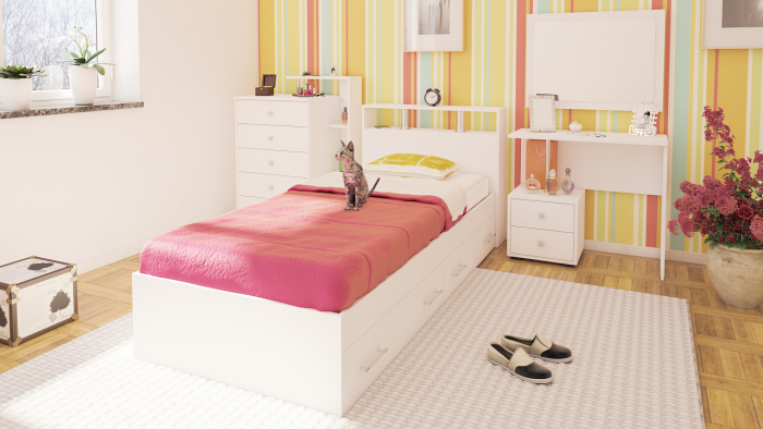 Камелия спальня № 14 Кровать с ящиками 900 + Стол косметический + Зеркало + Комод, цвет белый, сп.м. 900х2000 мм., б/м, основание есть