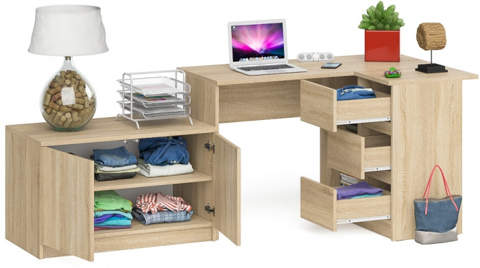 Мори Стол компьютерный МС-16 правый + Тумба МА900.1, цвет дуб сонома, ШхГхВ 214,8х84,9х76,6 см., выдвижные ящики справа, НЕ универсальная сборка