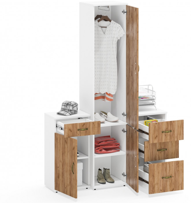 Лидер-8 Пенал МД 21Б + Тумба МД 3.15 + Тумба МД 3.16, цвет белый шагрень/крафт золото, ШхГхВ 120х50х190 см., универсальная сборка