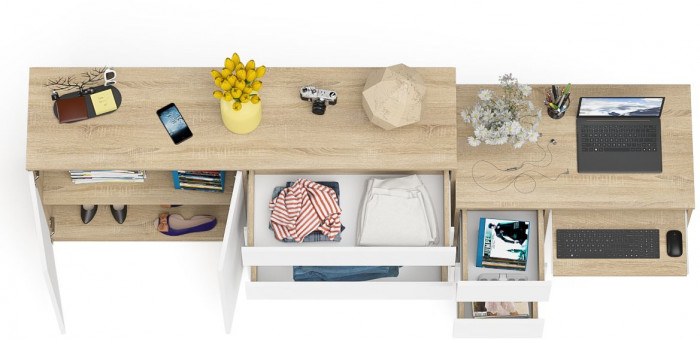 Мори Стол компьютерный МС-6 левый + Комод МК1600.1, цвет дуб сонома/белый, ШхГхВ 250,4х50х94 см., выдвижные ящики слева, НЕ универсальная сборка