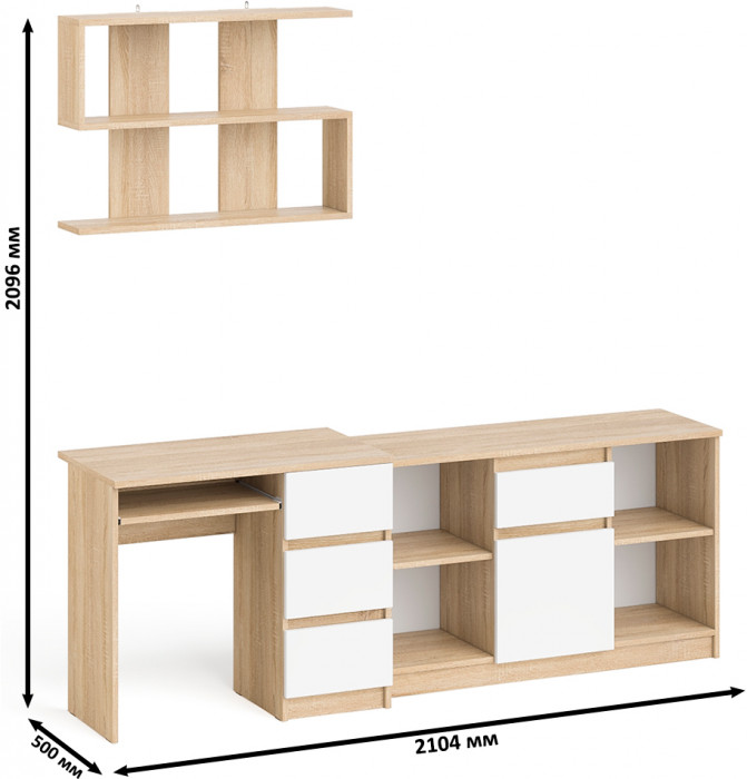 Мори Стол компьютерный МС-6 правый + Тумба МТВ1204.1 + Полка 900, цвет дуб сонома/белый, ШхГхВ 210,4х50х209,6 см., НЕ универсальная сборка