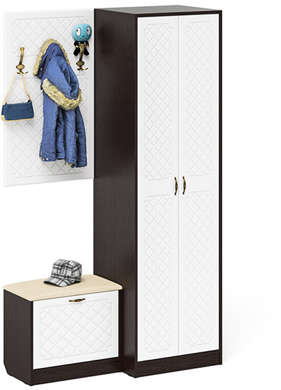 Прихожая П-6 Компоновка № 12, цвет венге/фасады МДФ белое дерево фрезеровка ромб, ШхГхВ 120х50х210 см., универсальная сборка