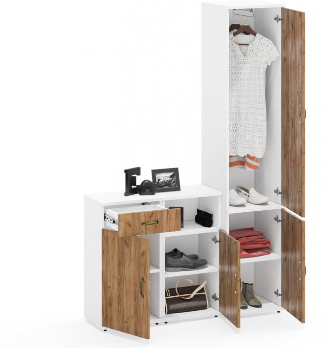 Лидер-8 Пенал МД 21Б + Тумба МД 3.15 + Тумба МД 3.19, цвет белый шагрень/крафт золото, ШхГхВ 120х37,5х190 см., универсальная сборка