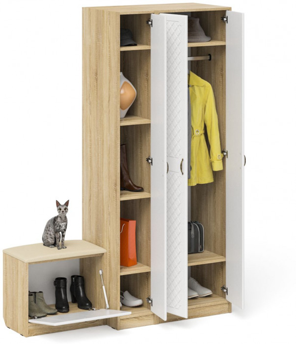 Прихожая П-6 Компоновка № 45, цвет дуб сонома/фасады МДФ белое дерево фрезеровка ромб, ШхГхВ 150х50х210 см., универсальная сборка