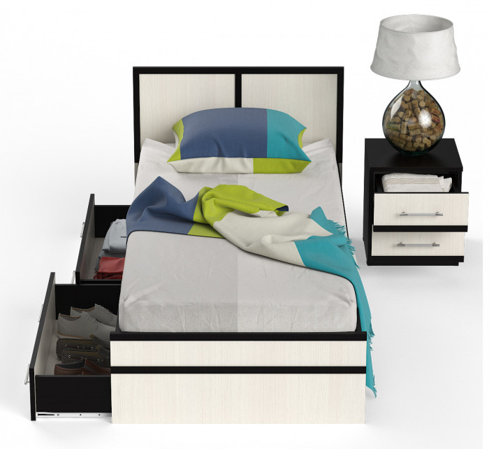 Сакура Кровать с ящиками 0900 + тумба, цвет венге/дуб лоредо, ШхГхВ 134х203,5х80 см., сп.м. 900х2000 мм., б/м, основание есть, универсальная сборка