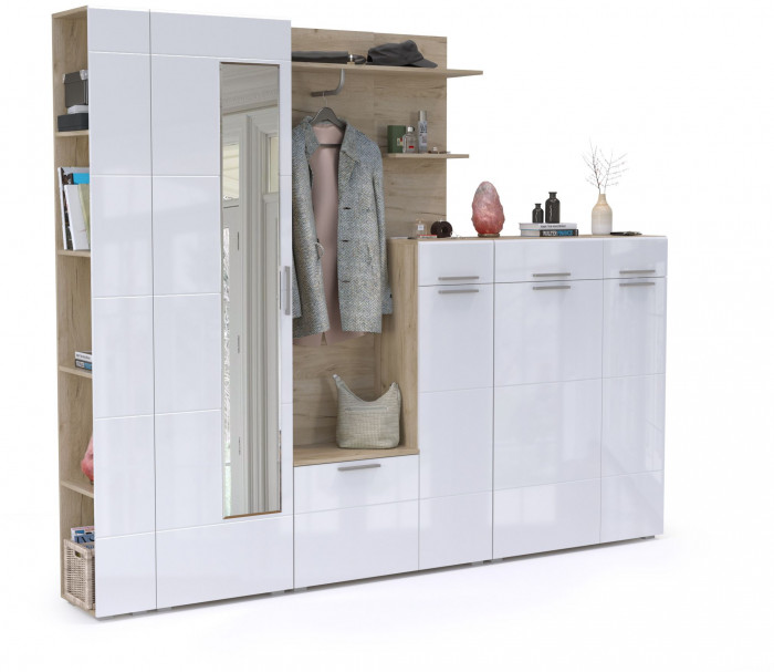 Лайн Прихожая № 11, цвет дуб крафт серый/фасады МДФ белый глянец, ШхГхВ 256,8х35,1х210 см., НЕ универсальная сборка