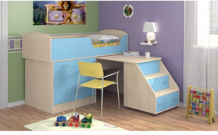 Детская кровать-чердак Дюймовочка-2, Дуб молочный / Голубой